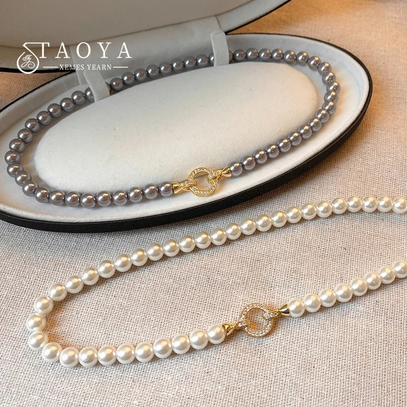 French Elegant Micro Set Zircon Round Buckle Pearl Beaded Necklace For Womens Temperament Jewelry Sweet Accessories 250519