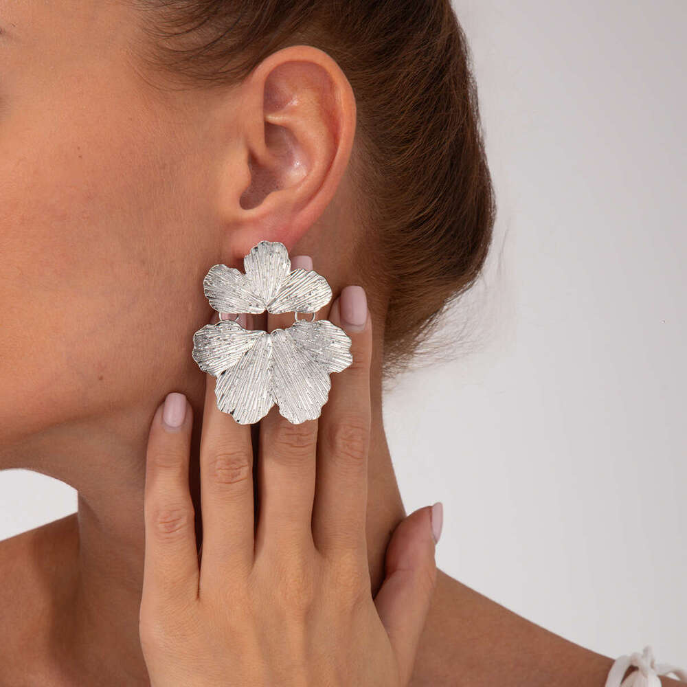 Ins style metallic texture earrings exaggerated personality three-dimensional flower ear accessories