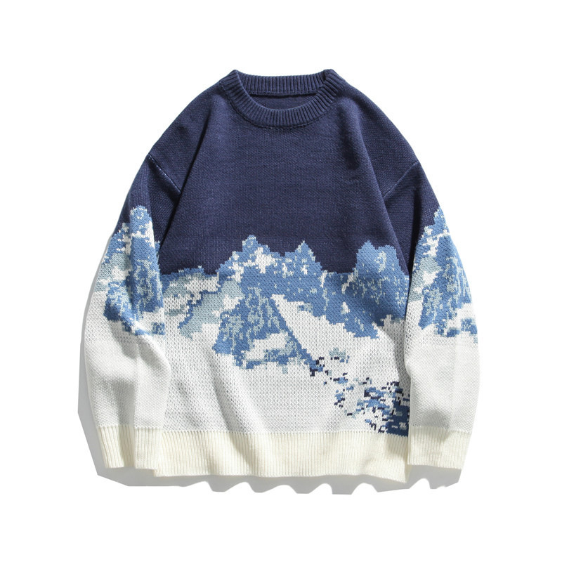 Mens Sweaters Japanese Raw Snow Mountain Jacquard Round Collar Sweater Mens Loose Korean Version Of The Trend Set Couple Knit Shirt Men And W 220912