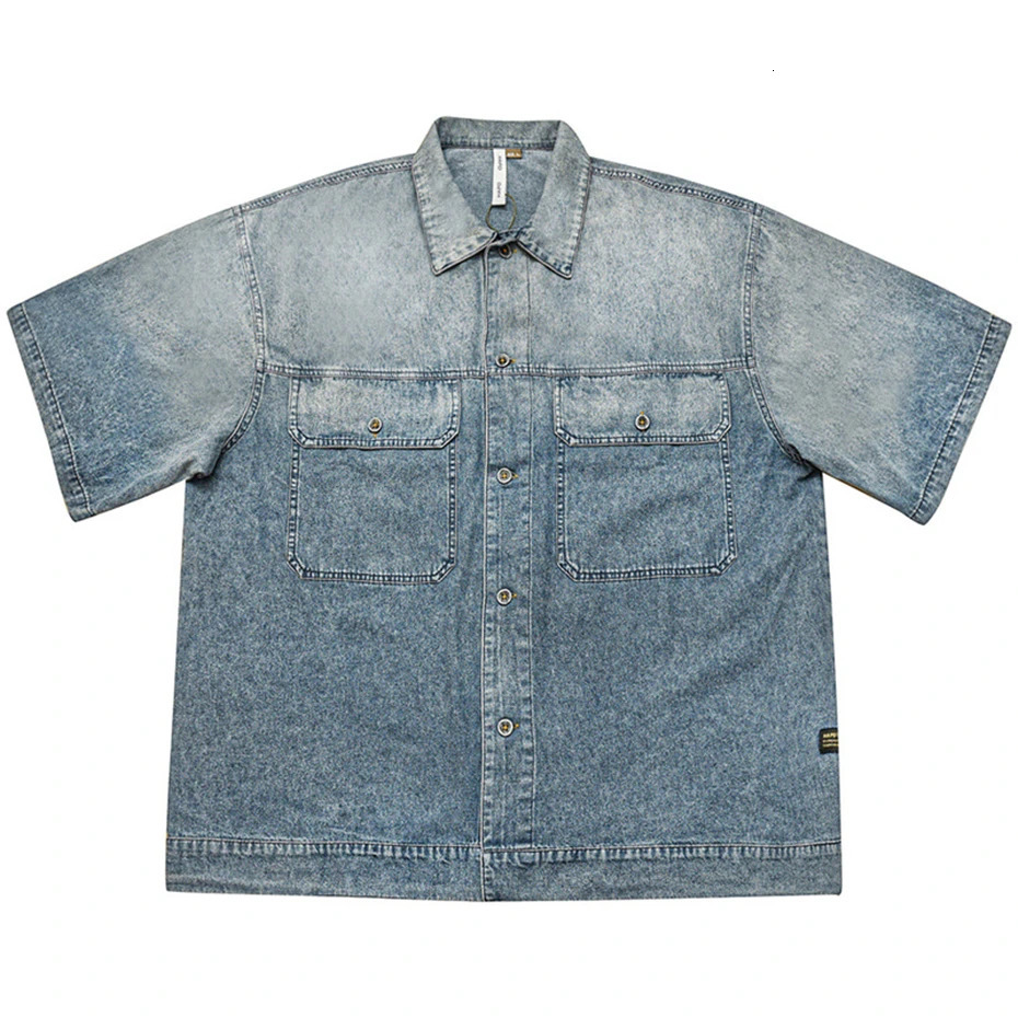 Oversized Mens Denim Shirts Streetwear Harajuku Washed Casual Jeans Blouse Men Vintage Japan Style Short Sleeve Unisex 250519