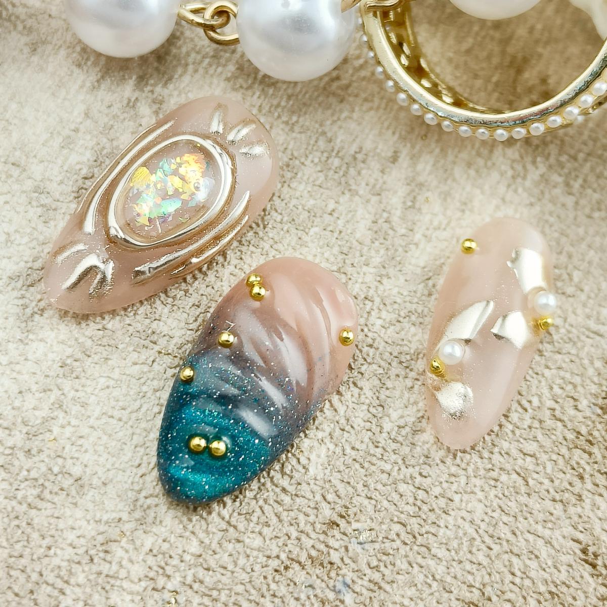 10pcs 3D Hand drawn Handmade Press-on nail Short Almond Nails Bundle 3D Rose Pearl Sweet Elegant Finished nail stickers Free storage box jelly glue na