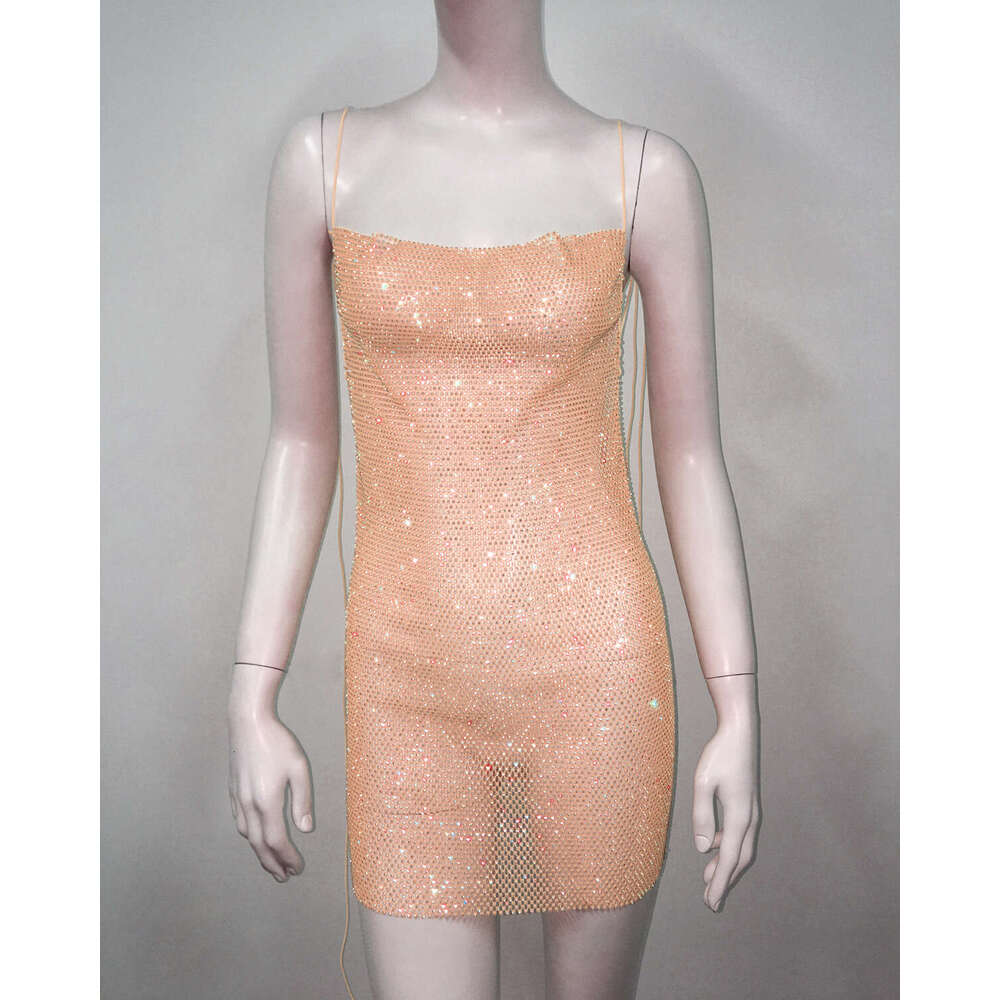 Halter Whit Maxi Dresses New Sexy Back Strap Dress Fishing Net Water Diamond Lace Up Spicy Girl Skirt Prom Sexy Dress