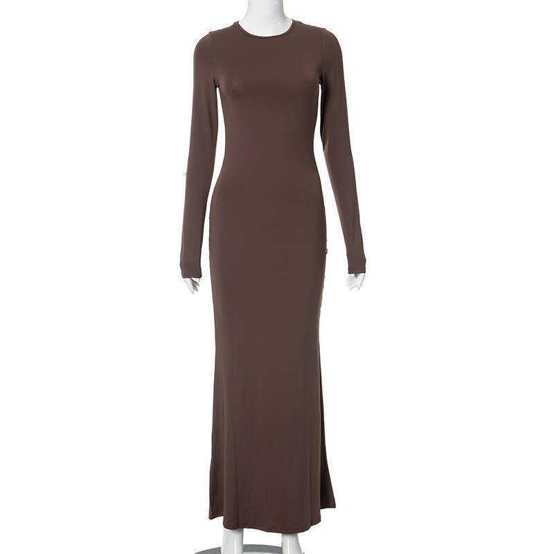 Halter Whit Maxi Dresses R DS Women S Autumn New Solid Color Round Neck Long Sleeved Slim Fit Fish Tail Casual Dress Prom Sexy Dress