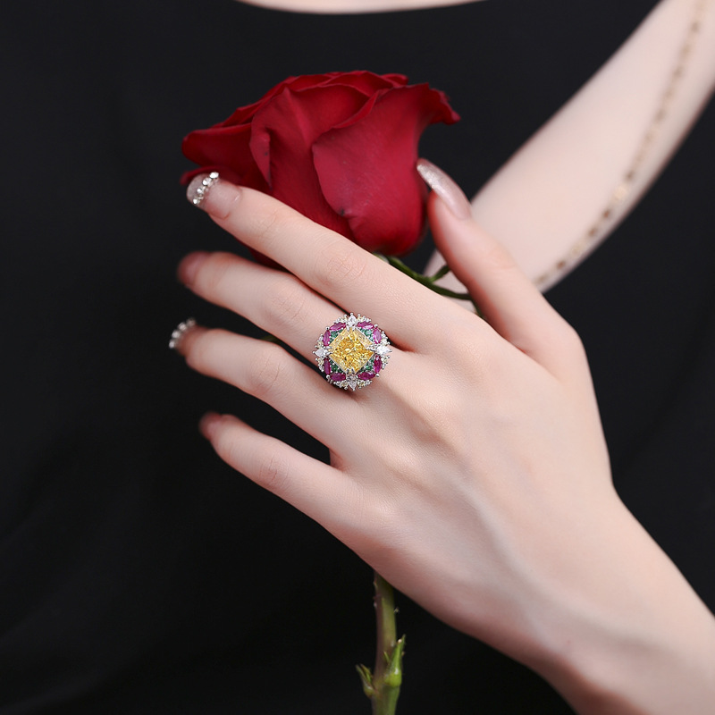 S925 Sterling Silver Yellow High Carbon Diamond Ring, Multicolored Gemstone Open Band Design for Women, Elegant Floral Wedding Ring