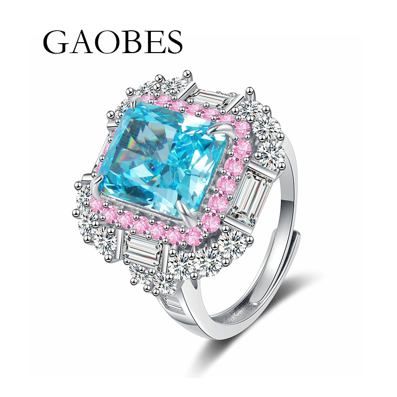 S925 Sterling Silver Open Band Ring, Sea Blue High Carbon Diamond Surrounded by Pink Gemstones, Fashionable Diamond Ring for Women, Luxury Wedding Rin