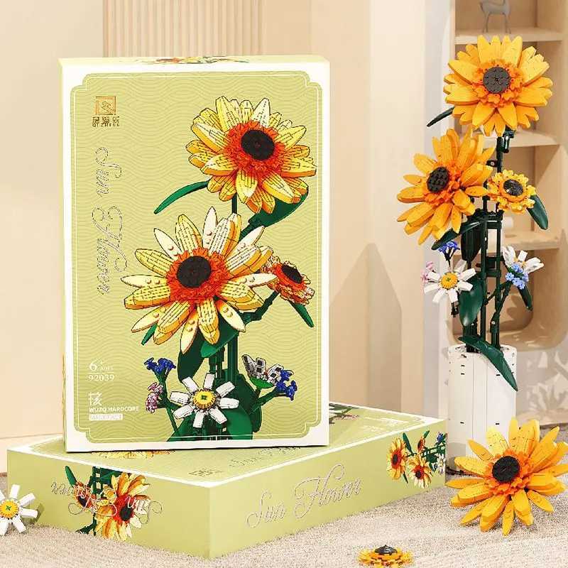 Creative Sunflower Bouquet Potted Building Blocks Immortal Flower Home Desk Plant Decoration Assemble Bricks Toys Kid Girls Gift M250523