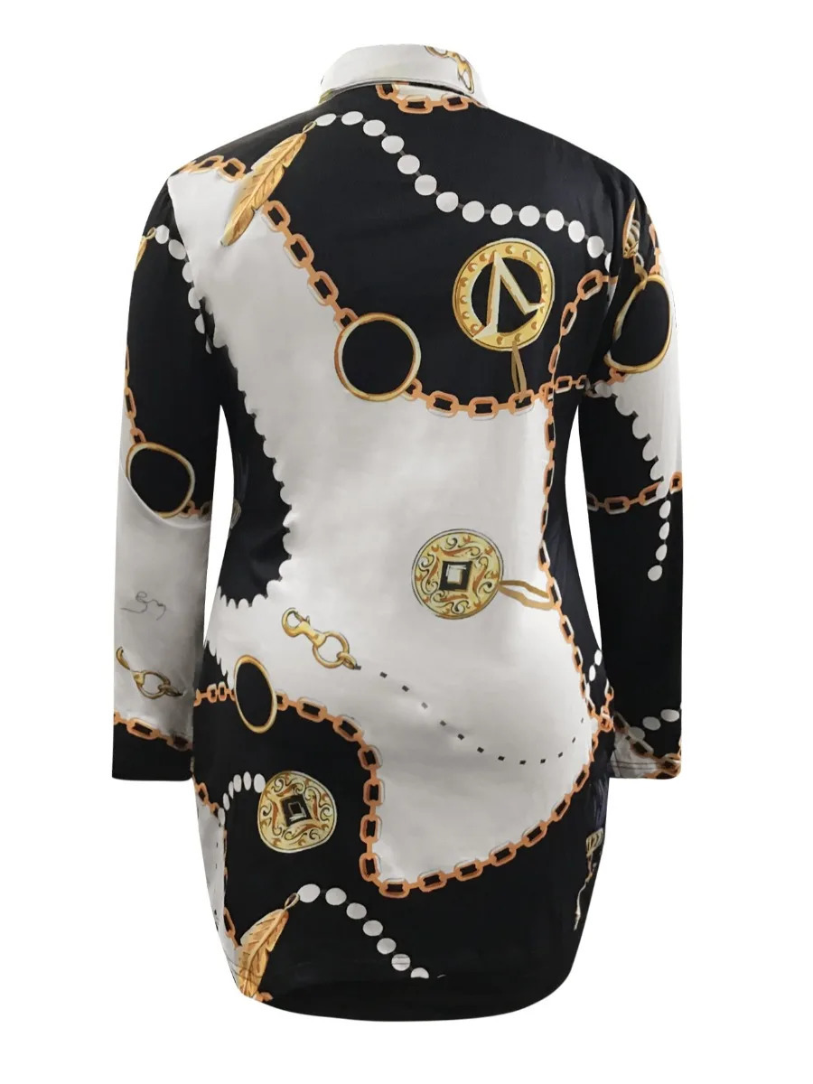 LW Plus Size Women Casual Autumn Winter Mixed Colour Turndown Collar Long Sleeve Chain Leaf Print Sexy Skinny Skirt Set 250516Z