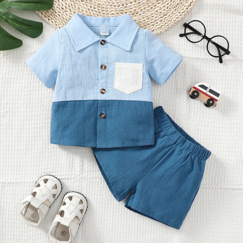 03Years Toddler Baby Boy Blue Color Matching Short Sleeved Shorts 2PCS Set Fashion Handsome Leisure Style Birthday Party Outfit 250517z