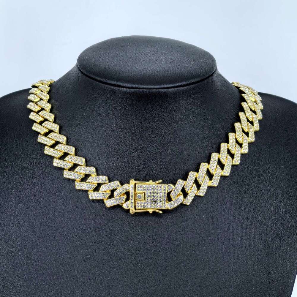 Cuban New 15mm Flap Full Set Dia Hip Hop Style Bracelet Necklace Large Gold Chain