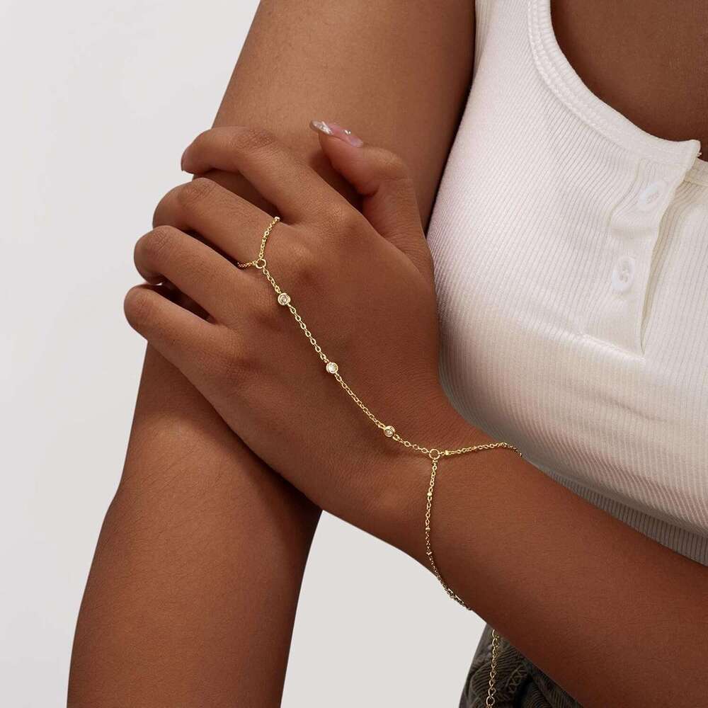 Women,14K Gold/Sier Plated Dainty Hand Trendy Ring Chain Bracelet Charm Gold Cuff Bangle Stackable Bracelets Fashion Body Jewelry Adjustable Waterproo