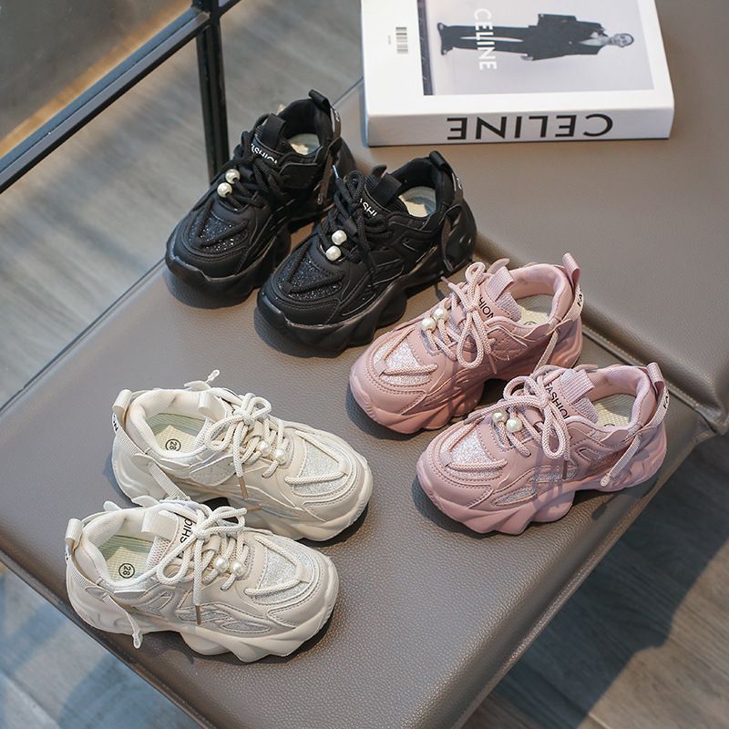 2025 New Girl Shoes For Kids Fashion with Pearl on Lace Girls Sport Trainers Running Tennis Youth Outdoor Sneakers Shoes Big Sizes US 9C-4Y