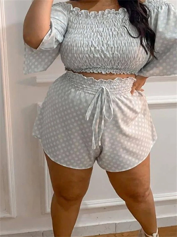 Wmstar Plus Size Two Piece Set Womens Clothing Off Shoulder Short Sets Dot Print Top Sweet Suit Summer Wholesale Drop 250516Z
