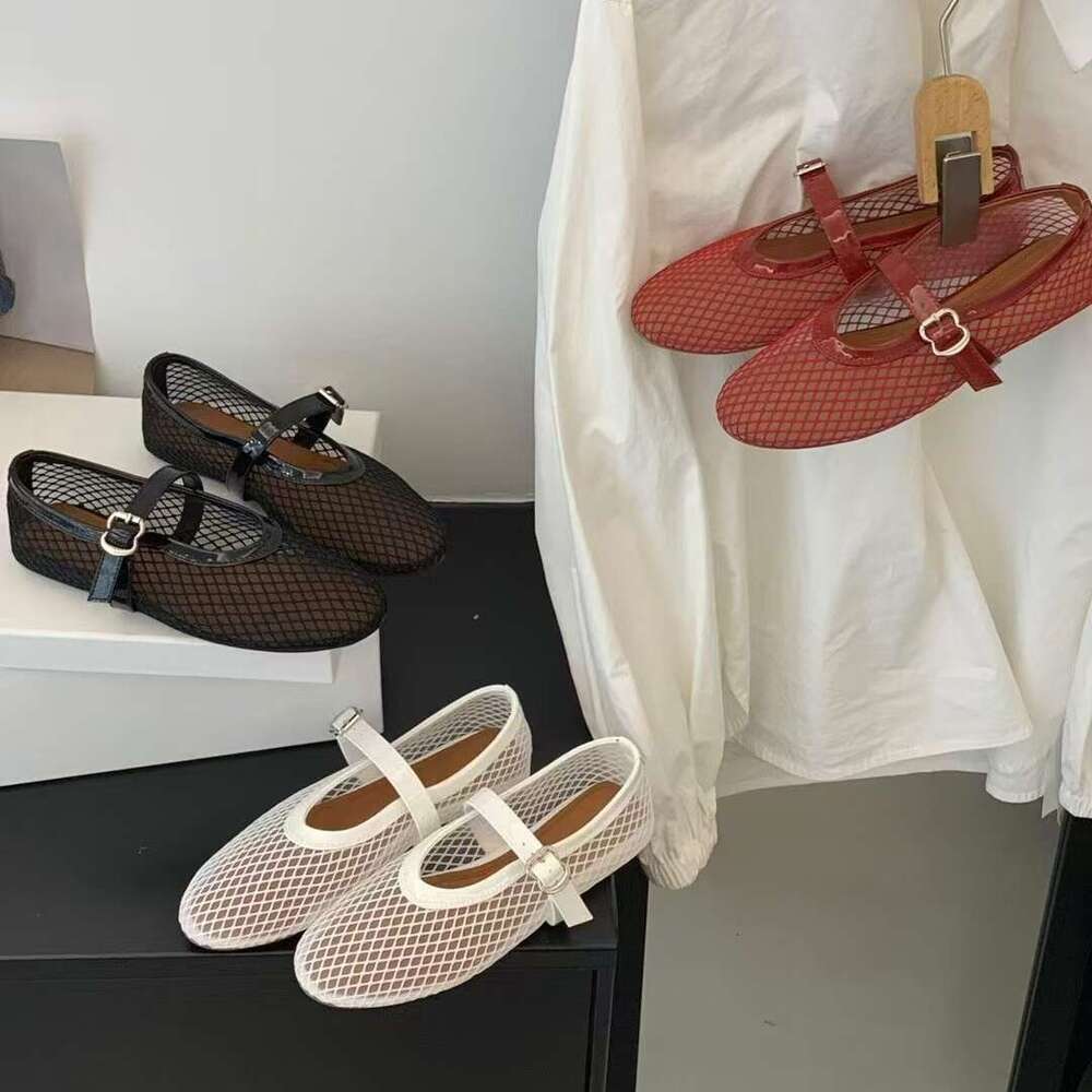 2024 Mesh strap shallow mouth fishing net sandals round toe Mary Jane flat sole single shoe ballet women's shoes