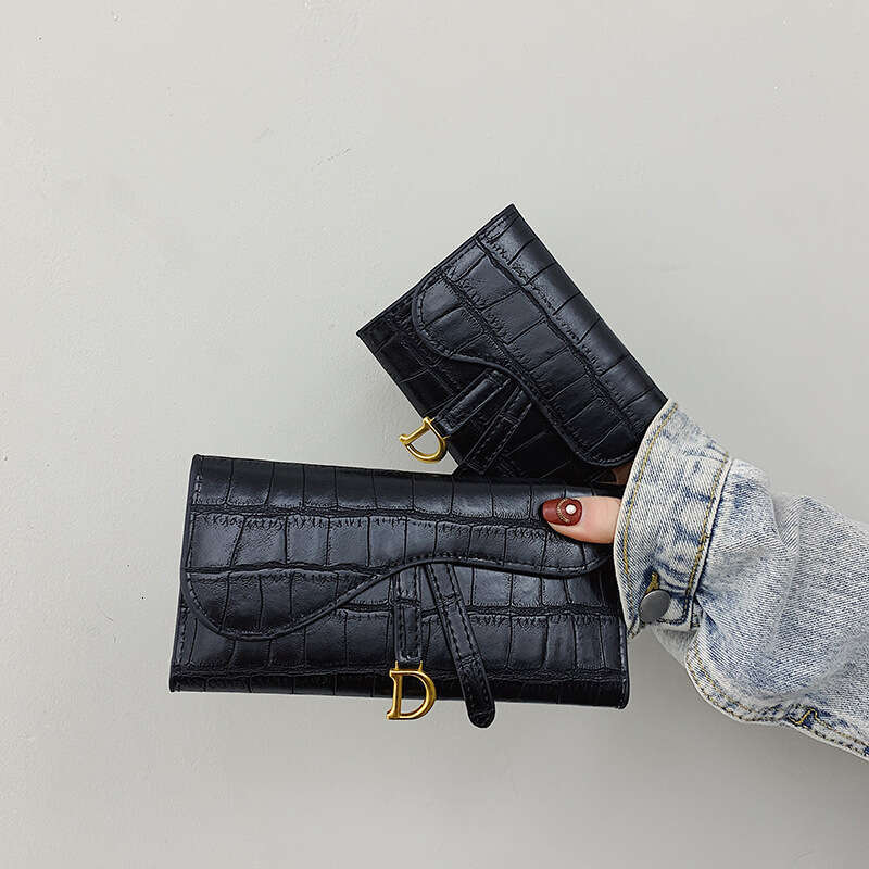 Women's long and simple trendy buckle folding stone pattern multi slot card short small money bag zero wallet