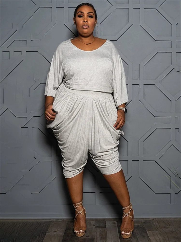 Wmstar Plus Size Women Clothing Two Piece Sets Wholesale Casual Fashion Solid Loose Crop Top Stacked Wide Leg Pants Drop 250516Z