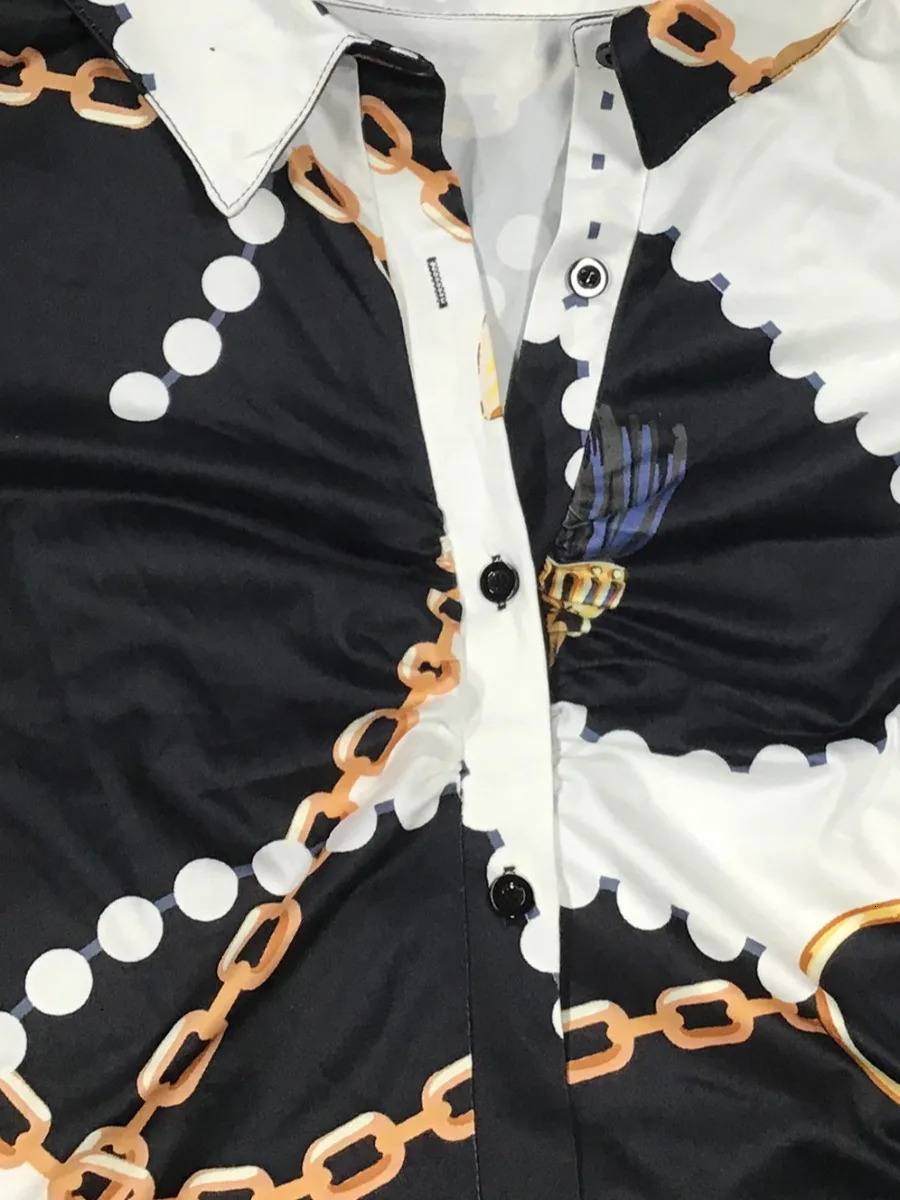 LW Plus Size Women Casual Autumn Winter Mixed Colour Turndown Collar Long Sleeve Chain Leaf Print Sexy Skinny Skirt Set 250516Z