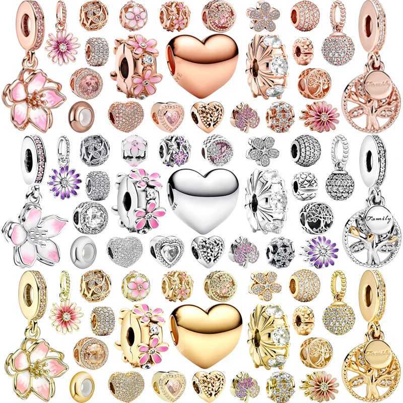 Gold Rose Gold Daisy Flower Cherry Blossom Dangle Hearts Charm Beads Fit Original European 925 Silver Bracelet DIY Women JewelryXJ250523