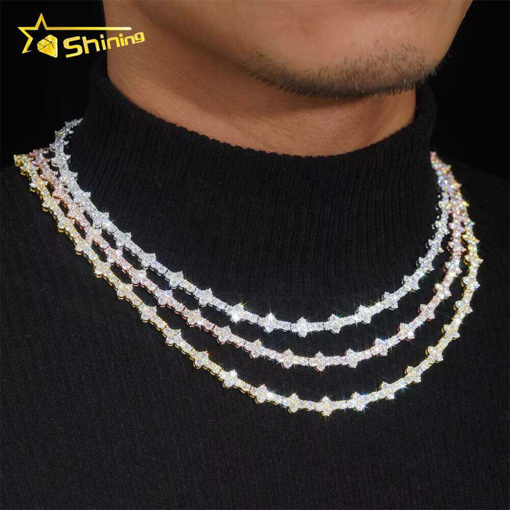 Worldwide Shipping Solid S Gold Plated 3Mm Cross Hip Hop Jewelry Necklace VVS D Color Moissanite Dia Tennis Chain