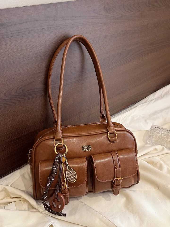 Vintage Brown Tote Bag for Women Crossbody Shoulder Bag with Metal Buckles Keychain Stylish Spacious Daily Purse Y250626