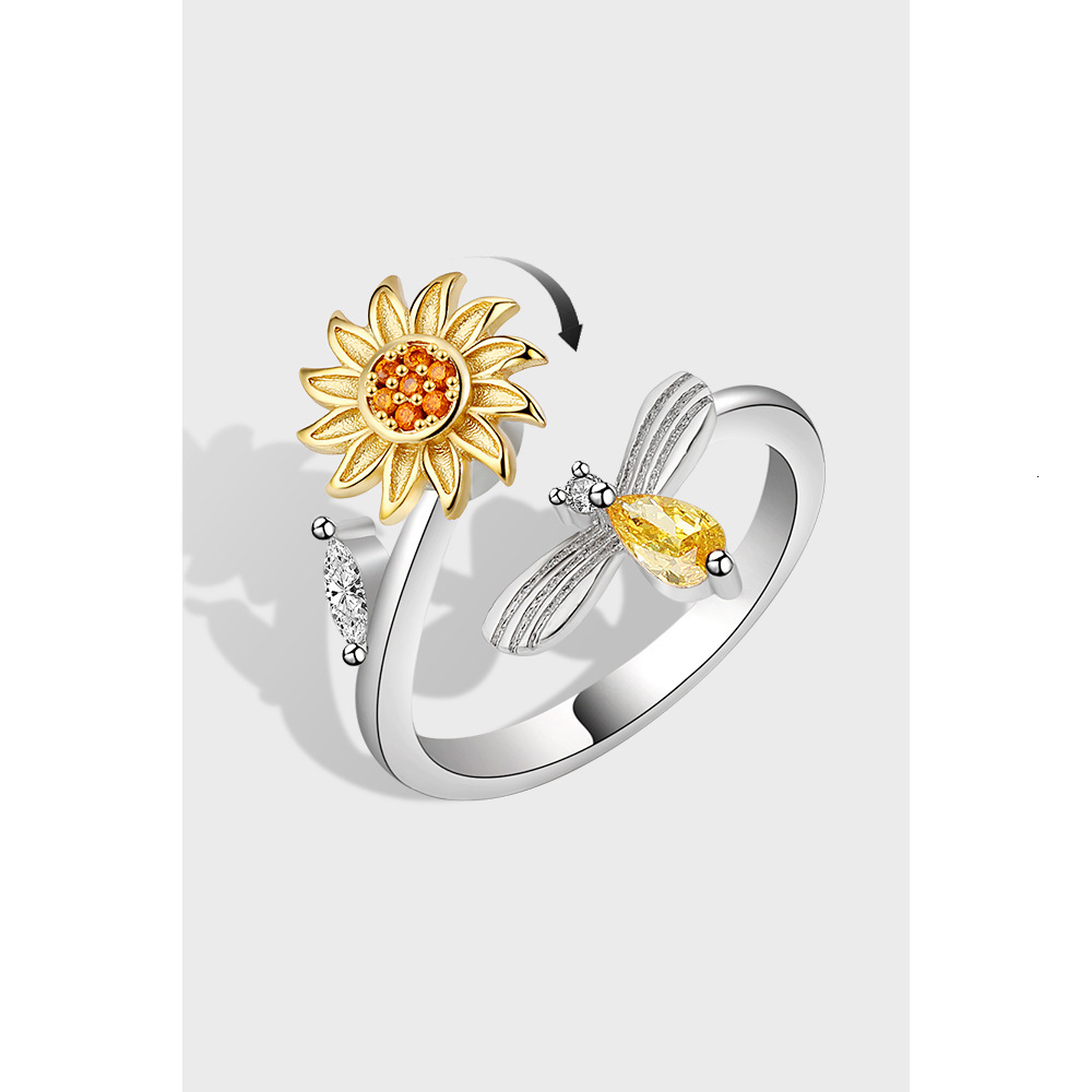 sterling silver sunflower rotating with diamond inlay, simple and versatile, popular compression resistant ring