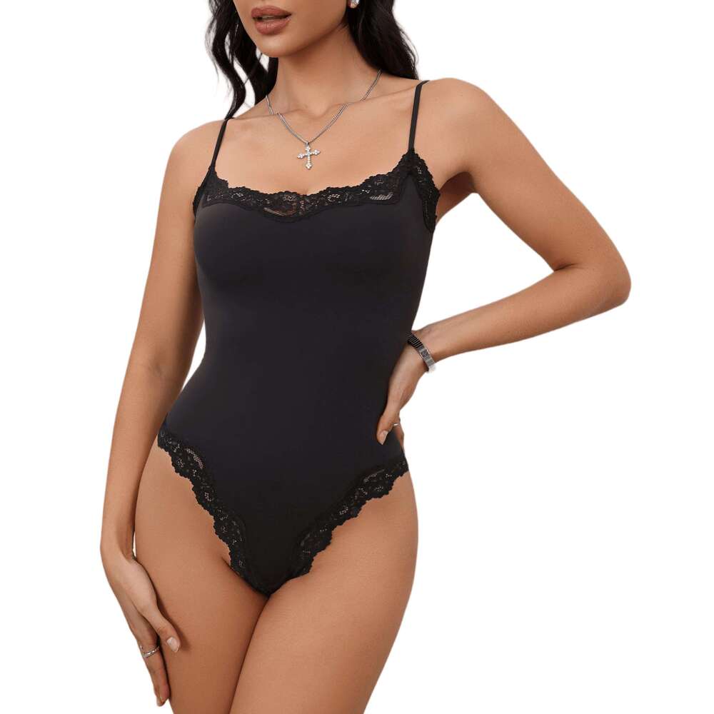 DHEssentials Lace Body Suit Square Neck Tops Sleeveless Spaghetti Strap Tank Top Bodysuits for Women Sexy Jumpsuit