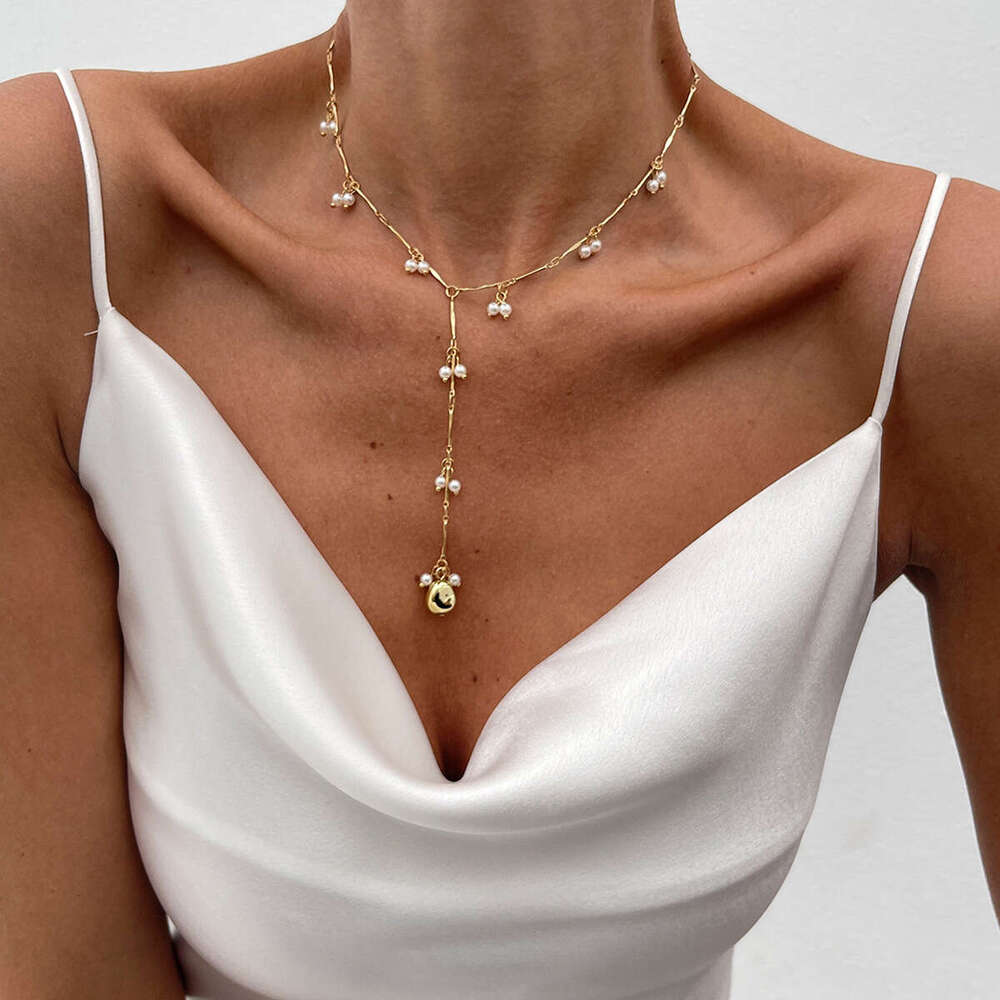 French Inspired Layered Pearl Necklace with Metallic Fringe Pendants Adjustable Bohemian Collarbone Chain Gold Alloy