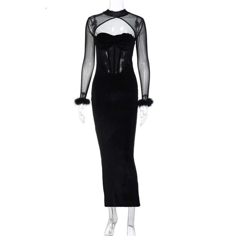 Halter Whit Maxi Dresses Spring Women S New Plush Mesh Splicing Sexy Nightclub Style Hollow Long Skirt Slimming Dress Prom Sexy Dress