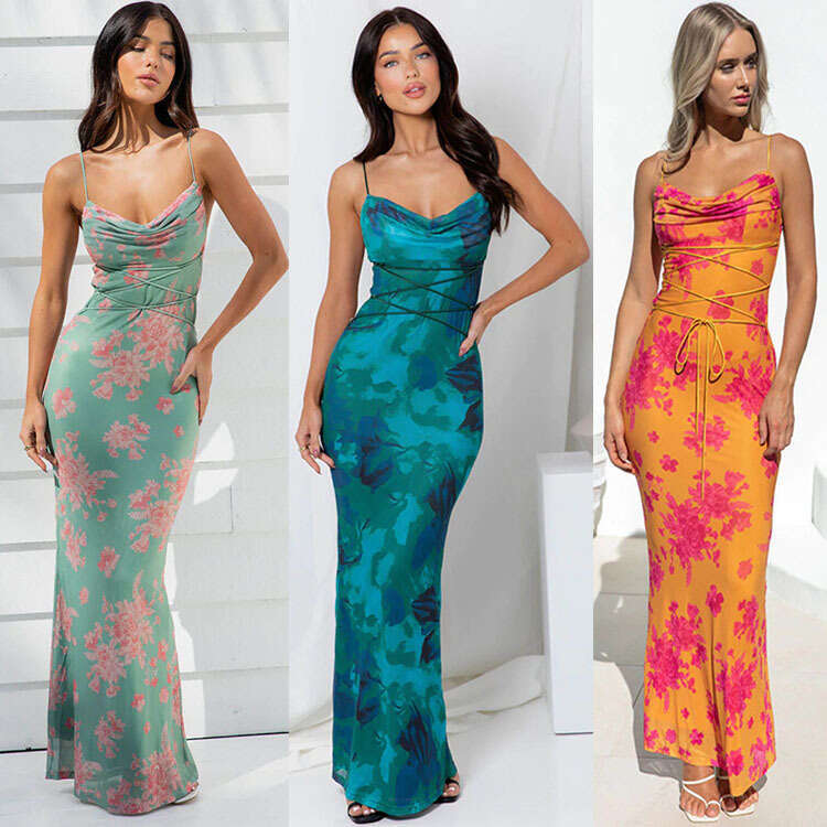 Halter Whit Maxi Dresses Women S Summer Sexy Backless Lace Up Slim Fit Printed Strap Dress Prom Sexy Dress
