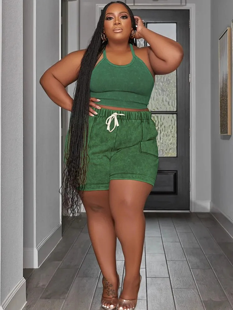 2 Pieces Set Sexy Plus Size Summer Fashion Women Female Tops Sleeveless And Shorts Suit Matching Outfit Oversized 250516Z