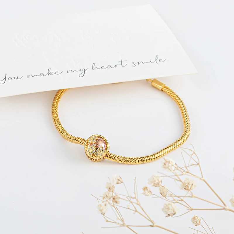 NEW Gold Plated Colourful Bead Jewelry Gift Pink Daisy Flower Cherry Blossom Charm Fit Original Silver 925 Europeans BraceletXJ250523