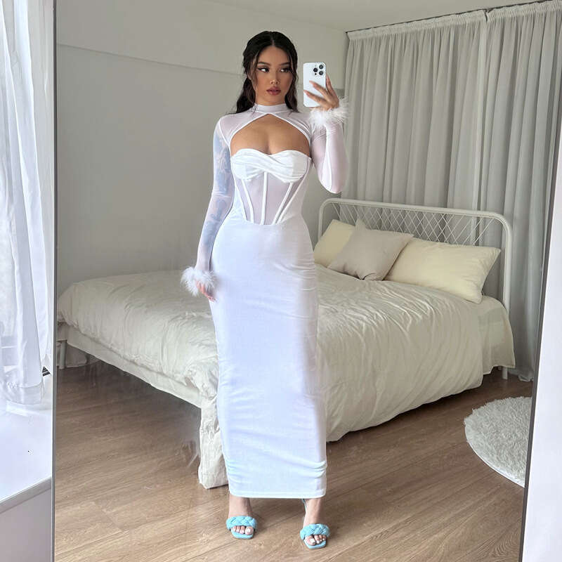 Halter Whit Maxi Dresses Spring Women S New Plush Mesh Splicing Sexy Nightclub Style Hollow Long Skirt Slimming Dress Prom Sexy Dress