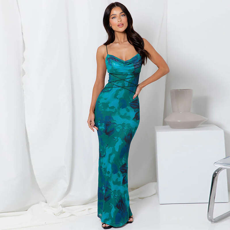 Halter Whit Maxi Dresses Women S Summer Sexy Backless Lace Up Slim Fit Printed Strap Dress Prom Sexy Dress