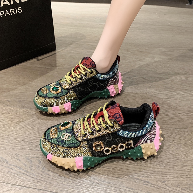 Luxury Women's Shoes Rhinestone Mixed colors Sports Shoes Diamond Breathable Designer Thick Soled Casual Shoes High-quality and Comfortable Outdo