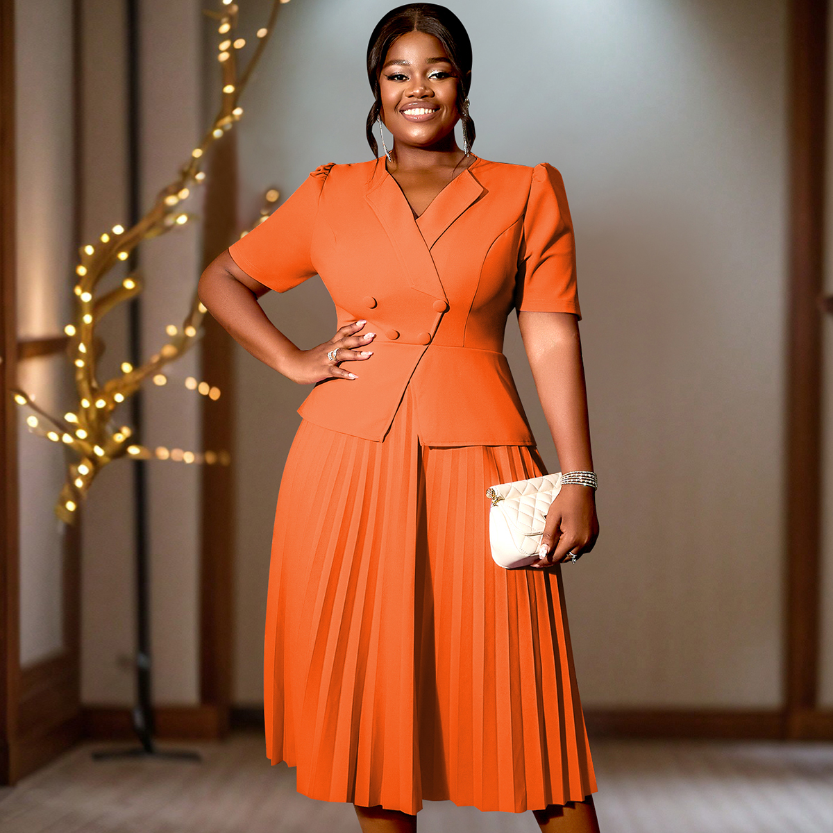 Formal Plus Size Women Career Summer a Line Pleated Wholesale Short Sleeves Lapel Collar Dress AM040922