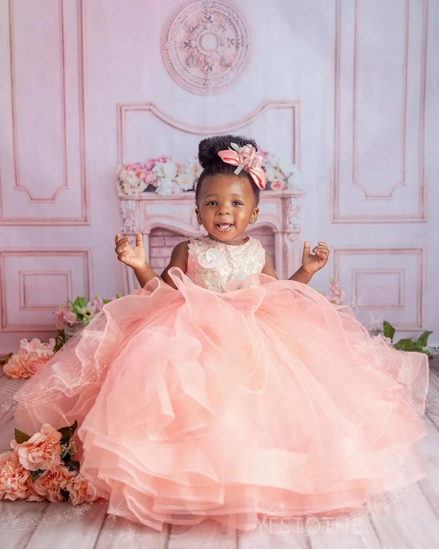 2025 Nude Pink Flower Girl Dresses Children Birthday Dress Illusion Sheer Neck Appliqued Beads Lace Rhinestones Tiered Tulle Princess Ball Gown For Ma