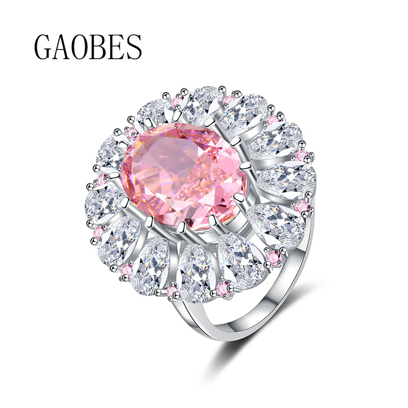European & American High-End Design S925 Sterling Silver Ice Flower Cut Oval Pink Gemstone Ring, Full Diamond Accent Band, Luxury Fashion Ring for Wom