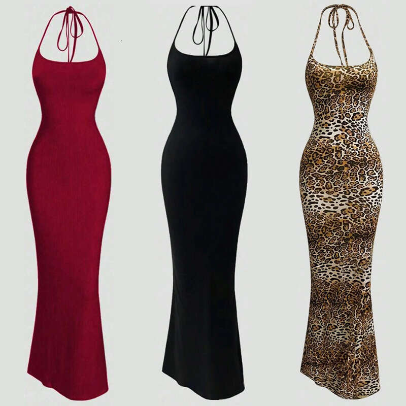 Halter Whit Maxi Dresses Sexy Neck Hanging Suspender Leopard Print Slim Fit Backless Nightclub New Dress Prom Sexy Dress