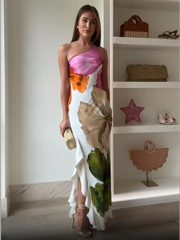 Party Ruffles Printed Women Long Vestido Chic Sleeveless Off Shoulder High Waist Slim Maxi Dress Summer Street Lady Dresses 250522