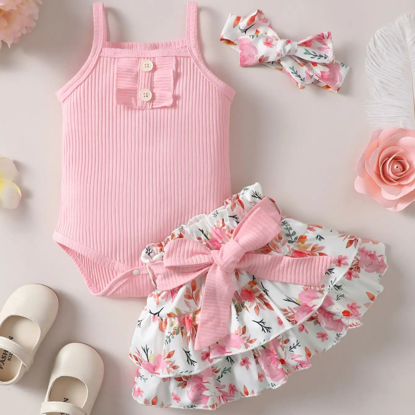 02 Year Old born Baby Girls Summer Sleeveless Suspender Jumpsuit With Floral Print Short Skirt Cute Fashion Toddler Set 250517z