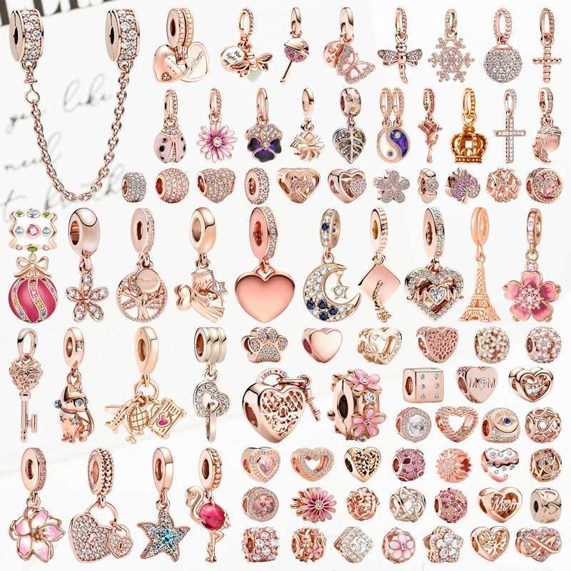 2025 New Sparkling Rose Gold Moon Graduation Cap Flowers Hearts Charm Beads Fit Original 925 Silver Bracelet DIY Women JewelryXJ250523