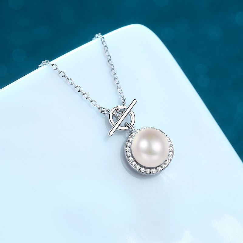 925 Sterling Silver Freshwater Pearl Moissanite Pendant Necklace with 9mm Flawless Pearl for Women, Lock Clasp Design, Elegant Jewelry Gift