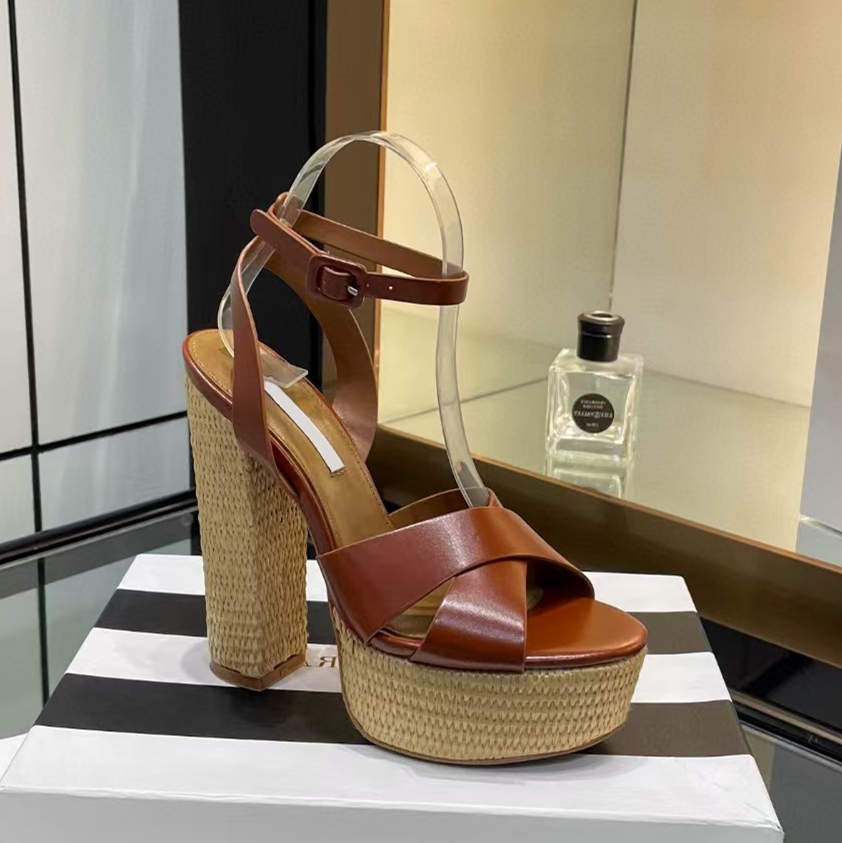 Women's Straw weaving Chunky Heel platform sandals Genuine Leather Ankle strap Peep Toe Party Evening Shoes luxury designer high heele Factory footwear