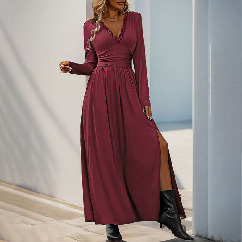 Halter Whit Maxi Dresses Evening Commuting Elegant And Sexy Temperament Solid Color Lace V Neck Slim Fit Dress Prom Sexy Dress