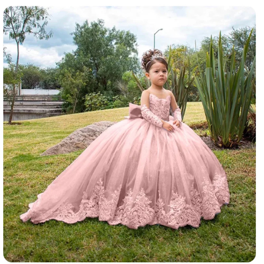 Lace Appliques Flower Girl Dresses For Wedding Full Sleeves Princess First Communion Dress Toddlers Long Birthday Party Gowns