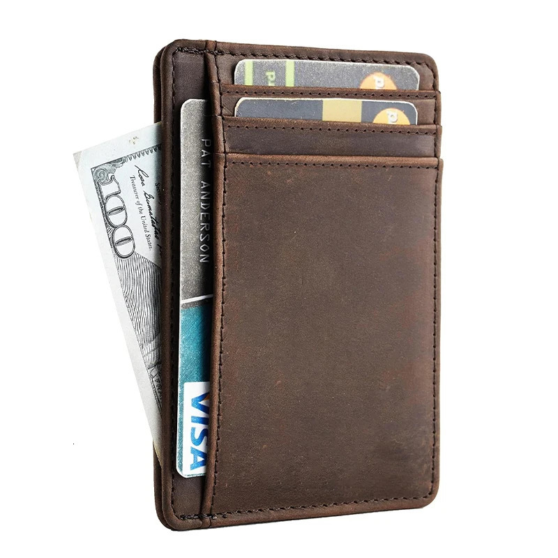 Genuine Leather RFID Blocking Retro Thin Card Holder wallet Crazy Horse Leather Minimalist Slim Front Pocket wallets 250521