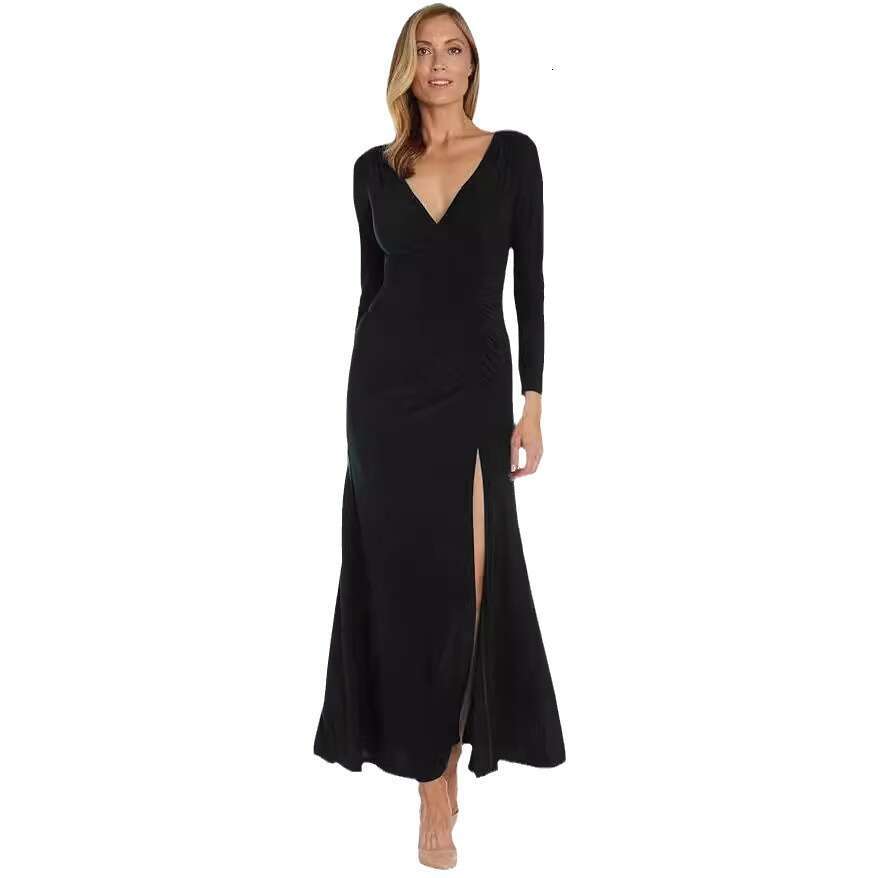 Halter Whit Maxi Dresses New Evening Tight V Neck Ruffles And Side Split Long Sleeve Dress For Women Prom Sexy Dress