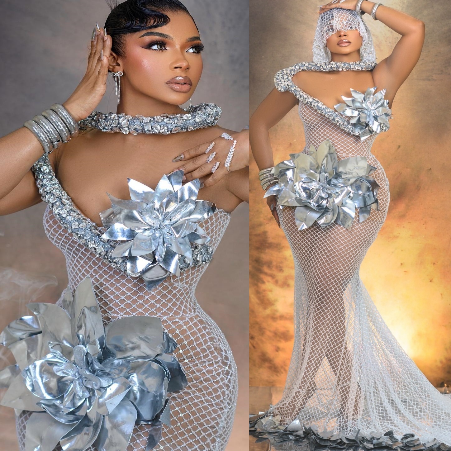 Silver Mermaid Prom Dresses 2025 Crystals Sequined Flowers Sparkly Evening Formal Party Second Birthday Engagement Gowns Plus Size Dress For Special O