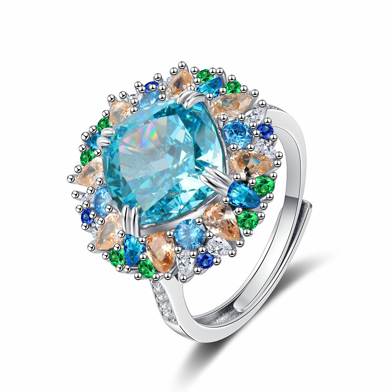 S925 Sterling Silver Sea Blue High Carbon Diamond Ring, Adjustable Open Band with Multicolored Gemstone Inlay, Fashionable Diamond Ring for Elegant Wo