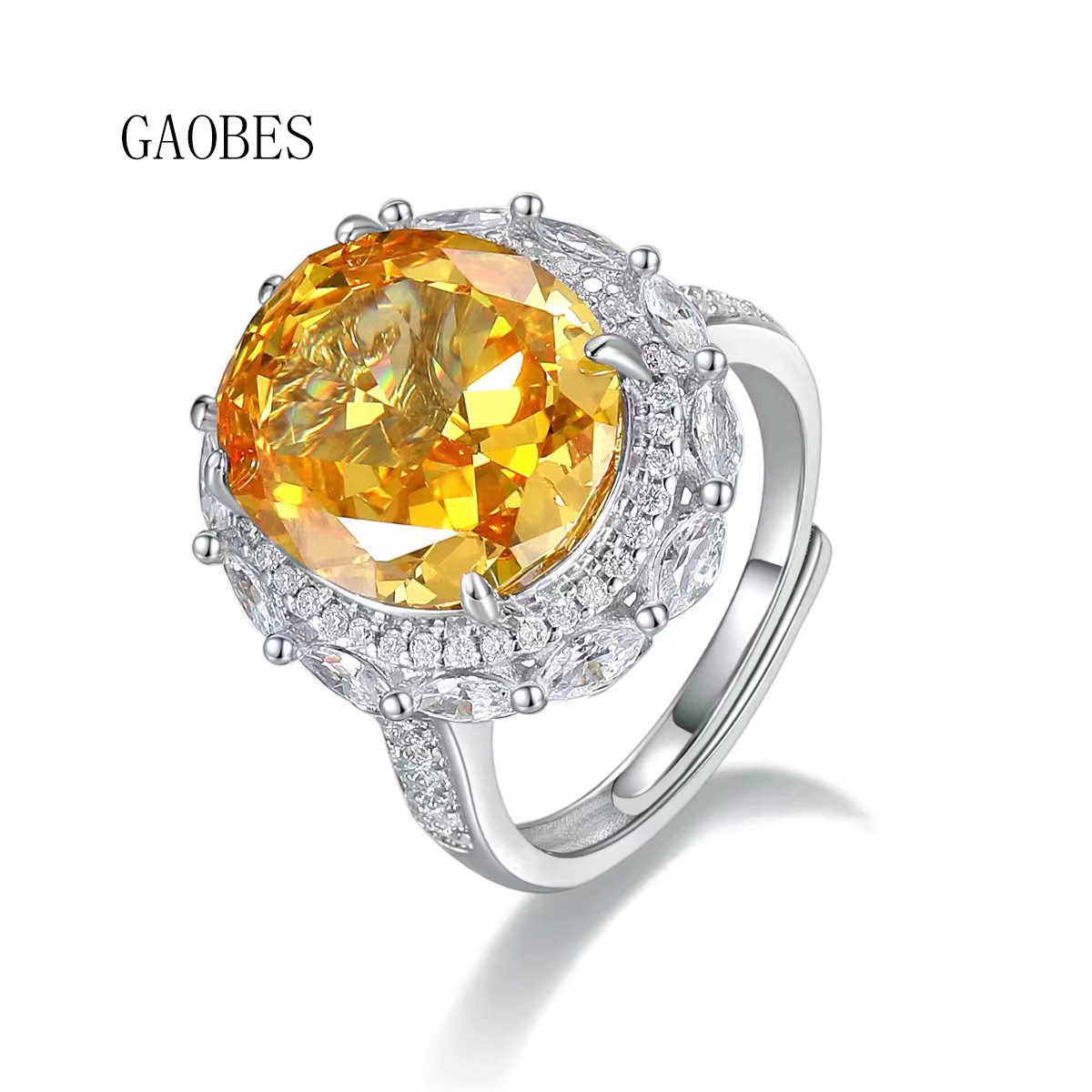 S925 Sterling Silver Ice Flower Cut Yellow High Carbon Diamond Ring, Fashionable Adjustable Open Band Design, Luxury Diamond Jewelry for Women