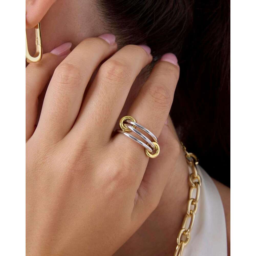 14K Gold Plated Interlocked Stackable Rings for Women Statement Mixed Metals Multi Ring Stack - Two-Toned Stacking Bands